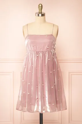 Ardelle | Short Mauve Babydoll Dress w/ Pearls
