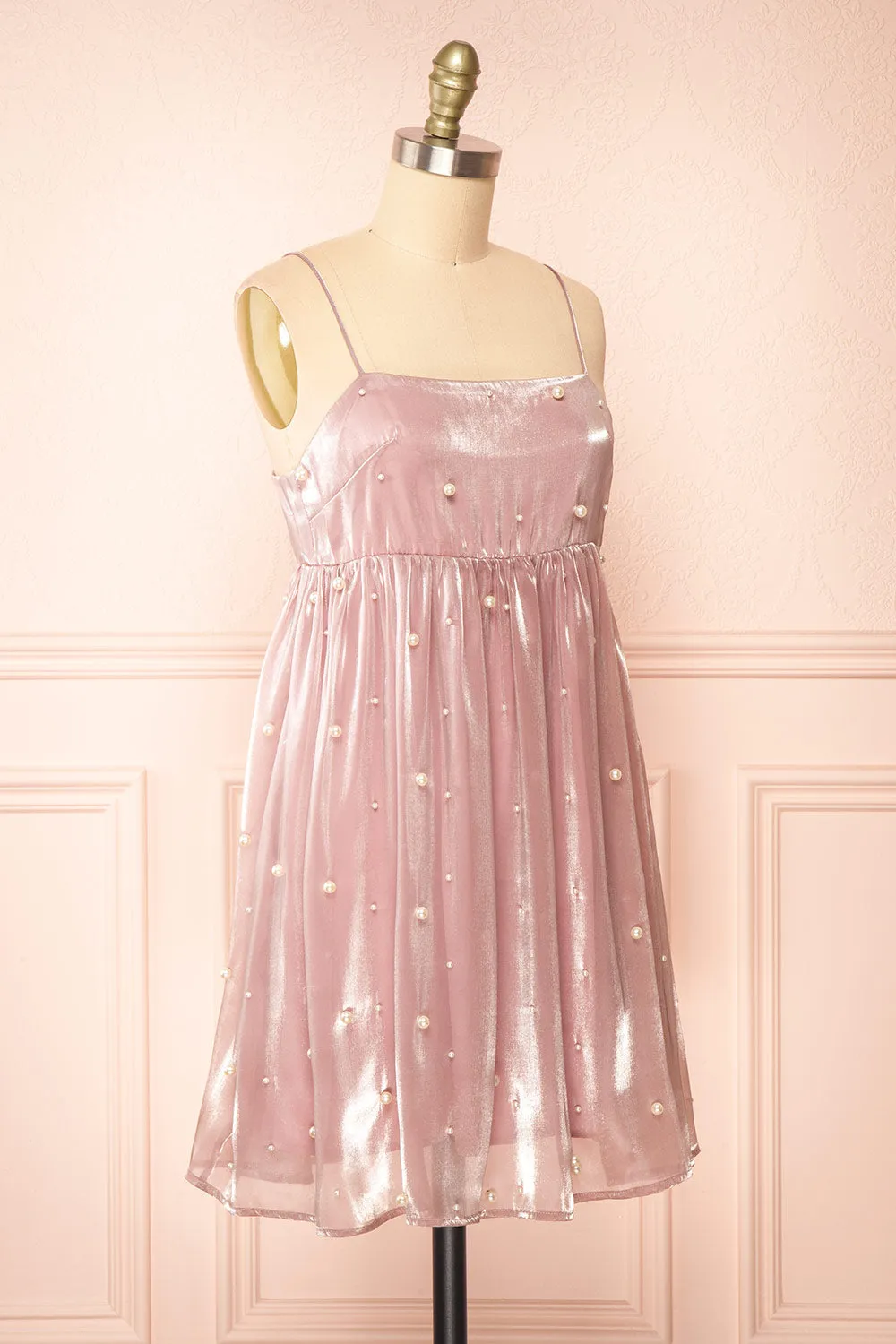 Ardelle | Short Mauve Babydoll Dress w/ Pearls