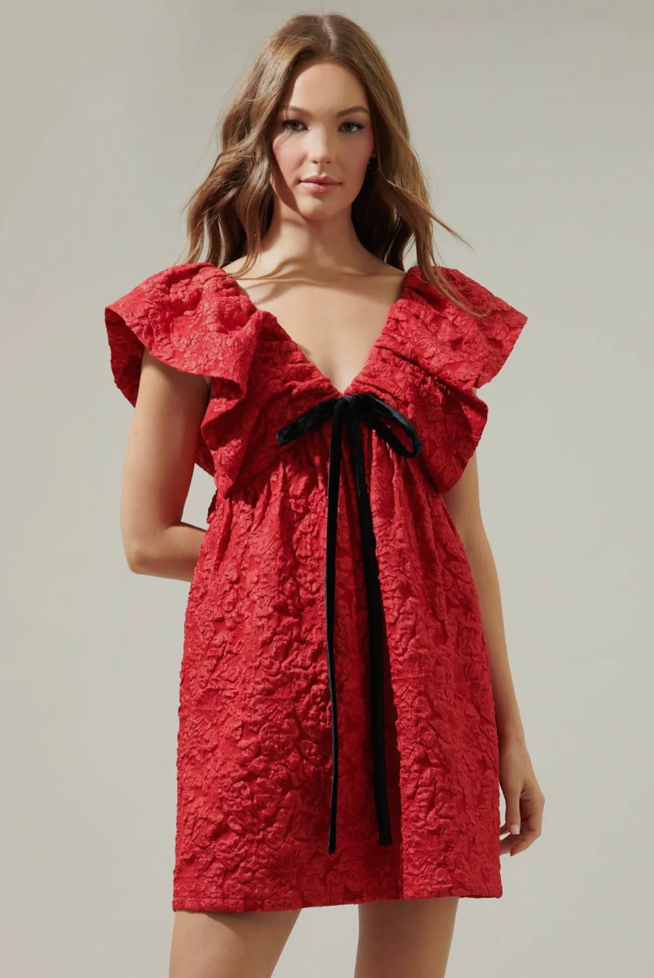 Arielle Jacquard Mini Babydoll Dress - Red