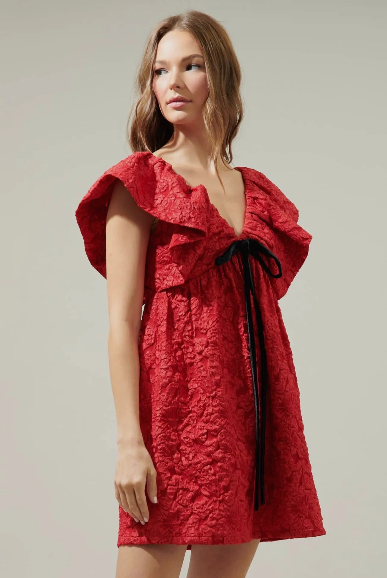 Arielle Jacquard Mini Babydoll Dress - Red