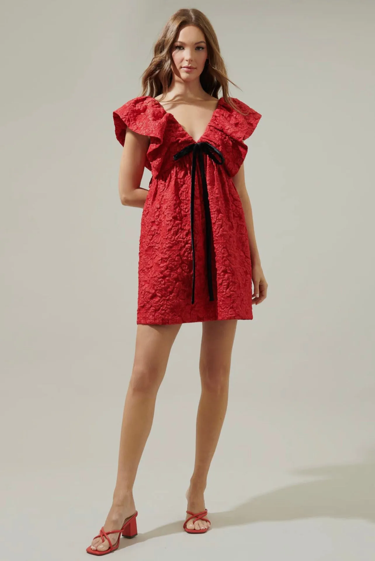 Arielle Jacquard Mini Babydoll Dress - Red