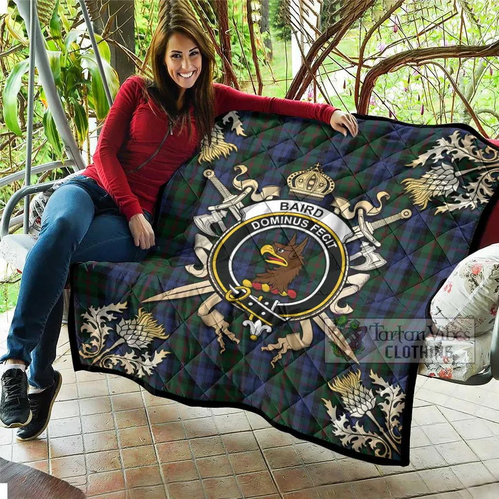 Baird Tartan Quilt with Family Crest and Scottish Golden Courage Shield