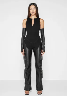 Bandage and Leather Racer Neck Cargo Pocket Jumpsuit - Black