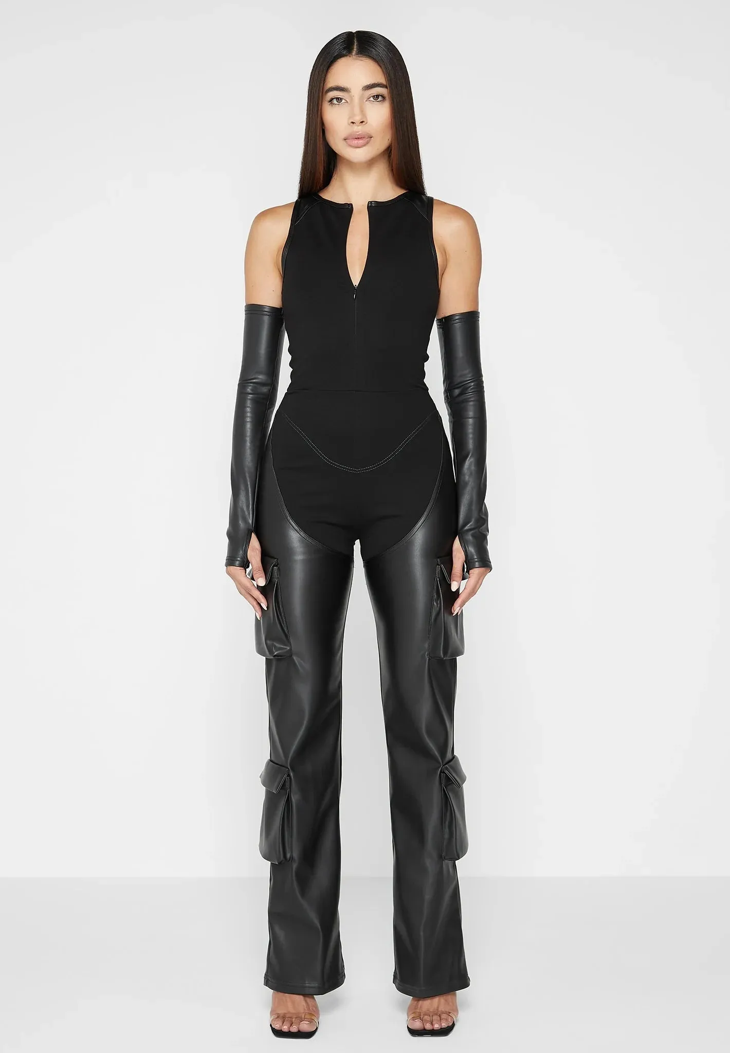 Bandage and Leather Racer Neck Cargo Pocket Jumpsuit - Black