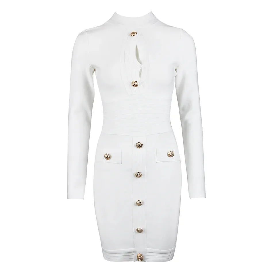 Bandage Mini Dress Long Sleeve Button Applique Celebrity Inspired