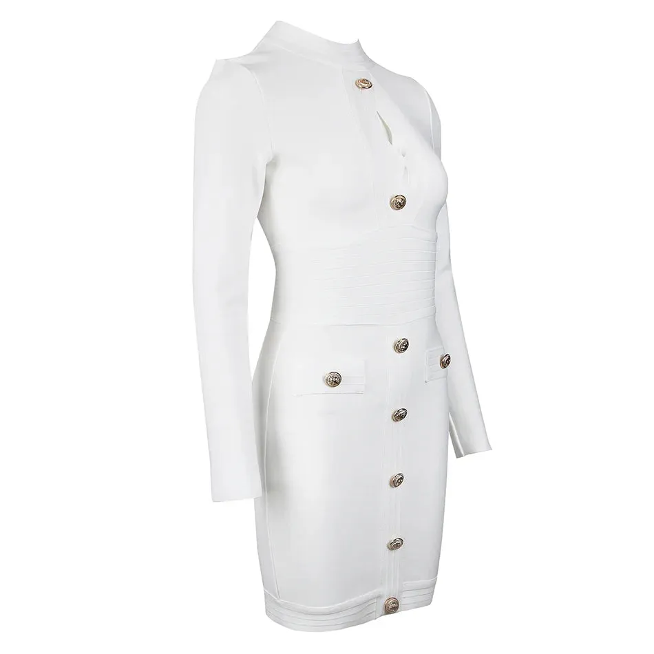 Bandage Mini Dress Long Sleeve Button Applique Celebrity Inspired