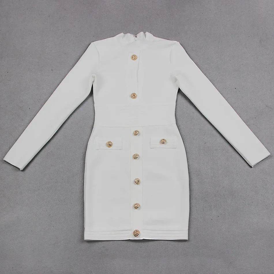 Bandage Mini Dress Long Sleeve Button Applique Celebrity Inspired
