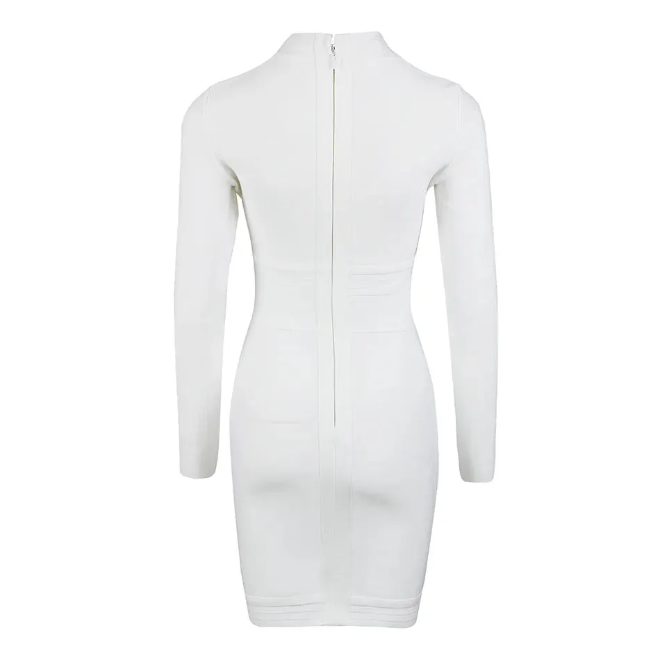 Bandage Mini Dress Long Sleeve Button Applique Celebrity Inspired