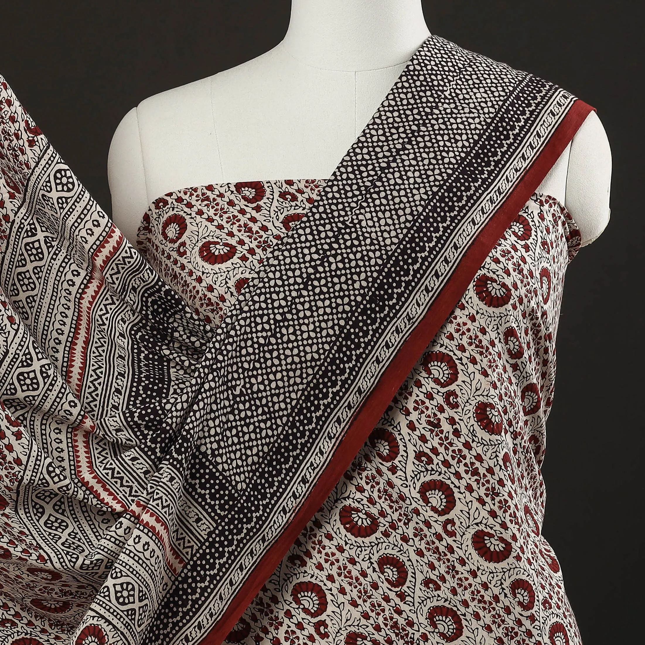 Beige - 3pc Bagh Block Printed Natural Dyed Cotton Suit Material Set 08