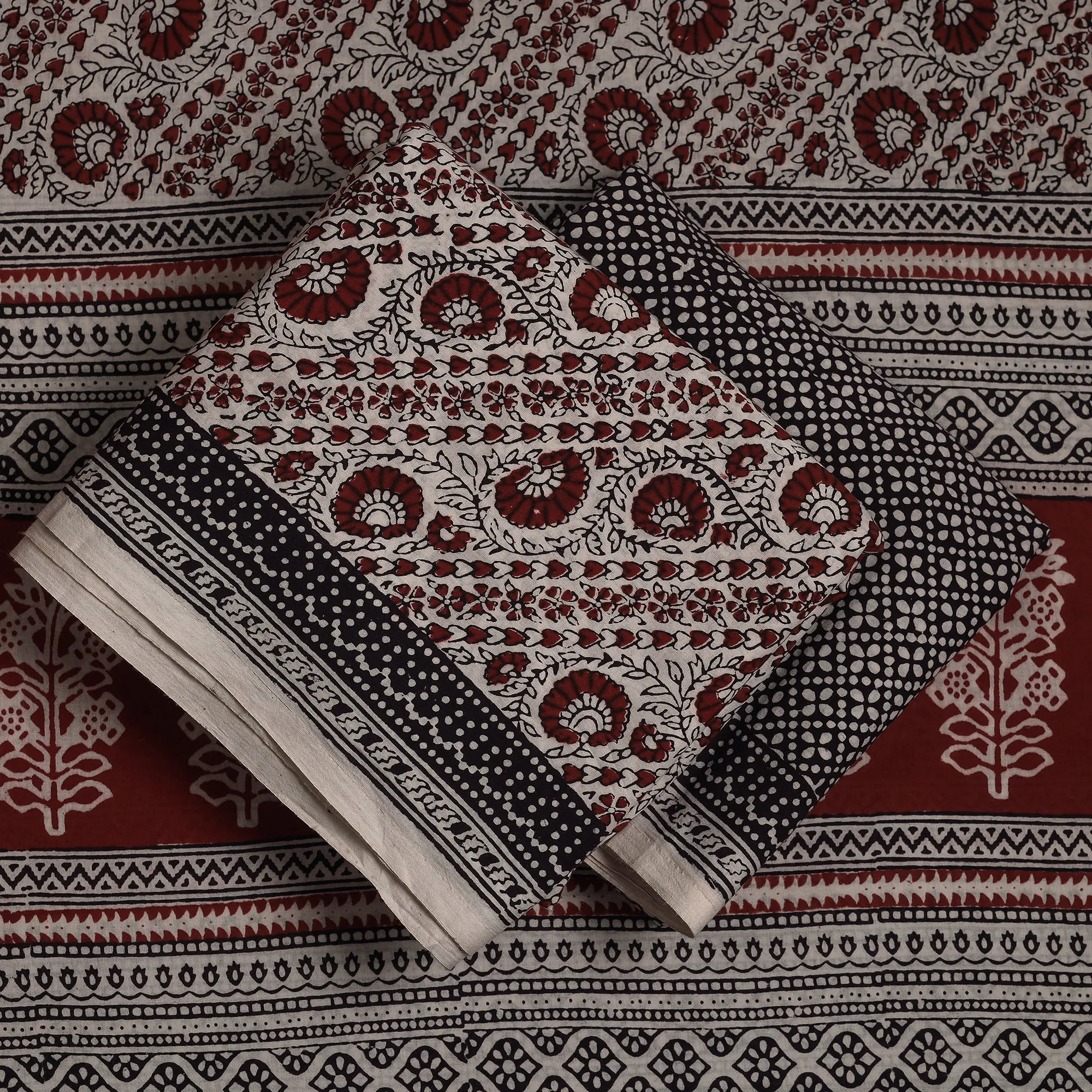 Beige - 3pc Bagh Block Printed Natural Dyed Cotton Suit Material Set 08