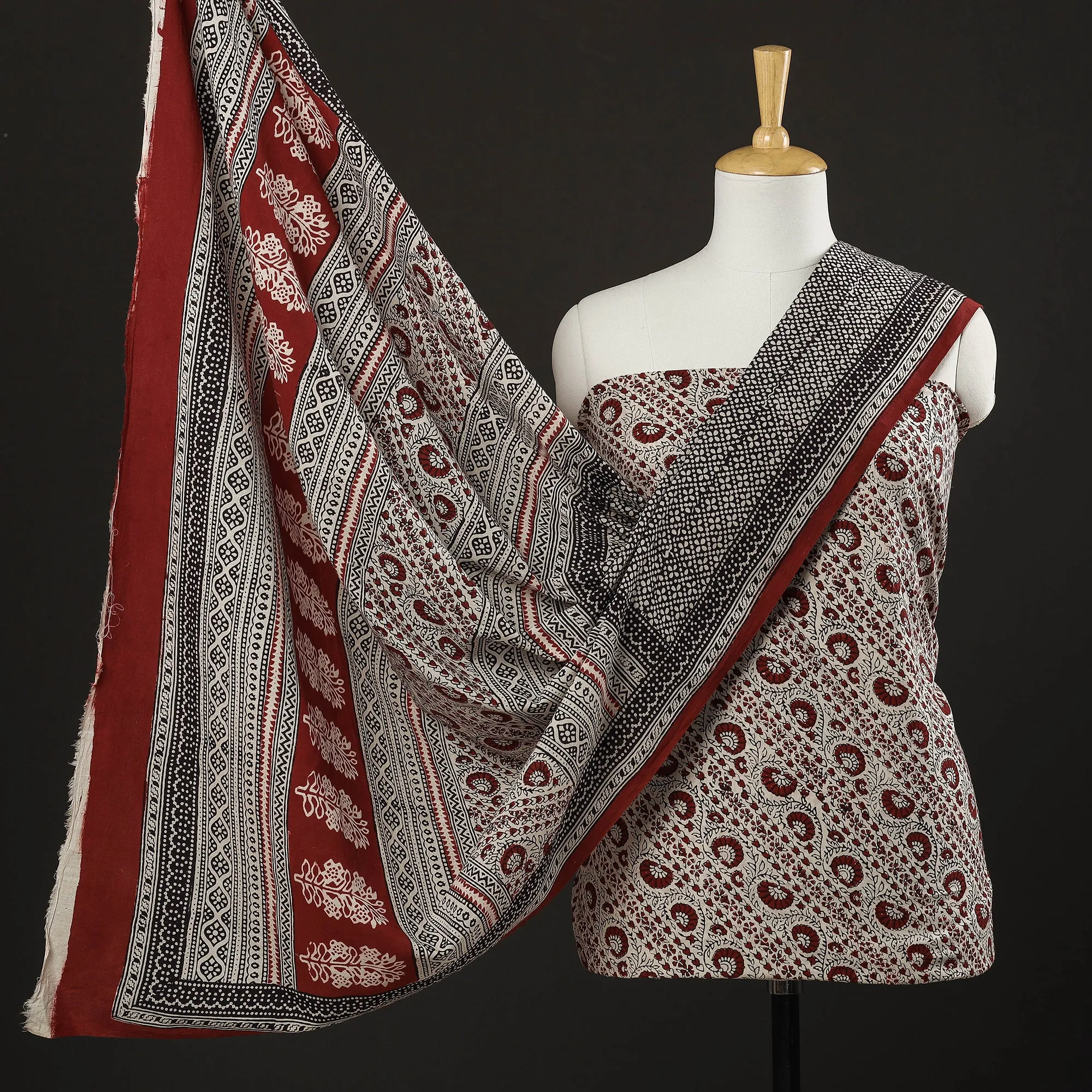 Beige - 3pc Bagh Block Printed Natural Dyed Cotton Suit Material Set 08
