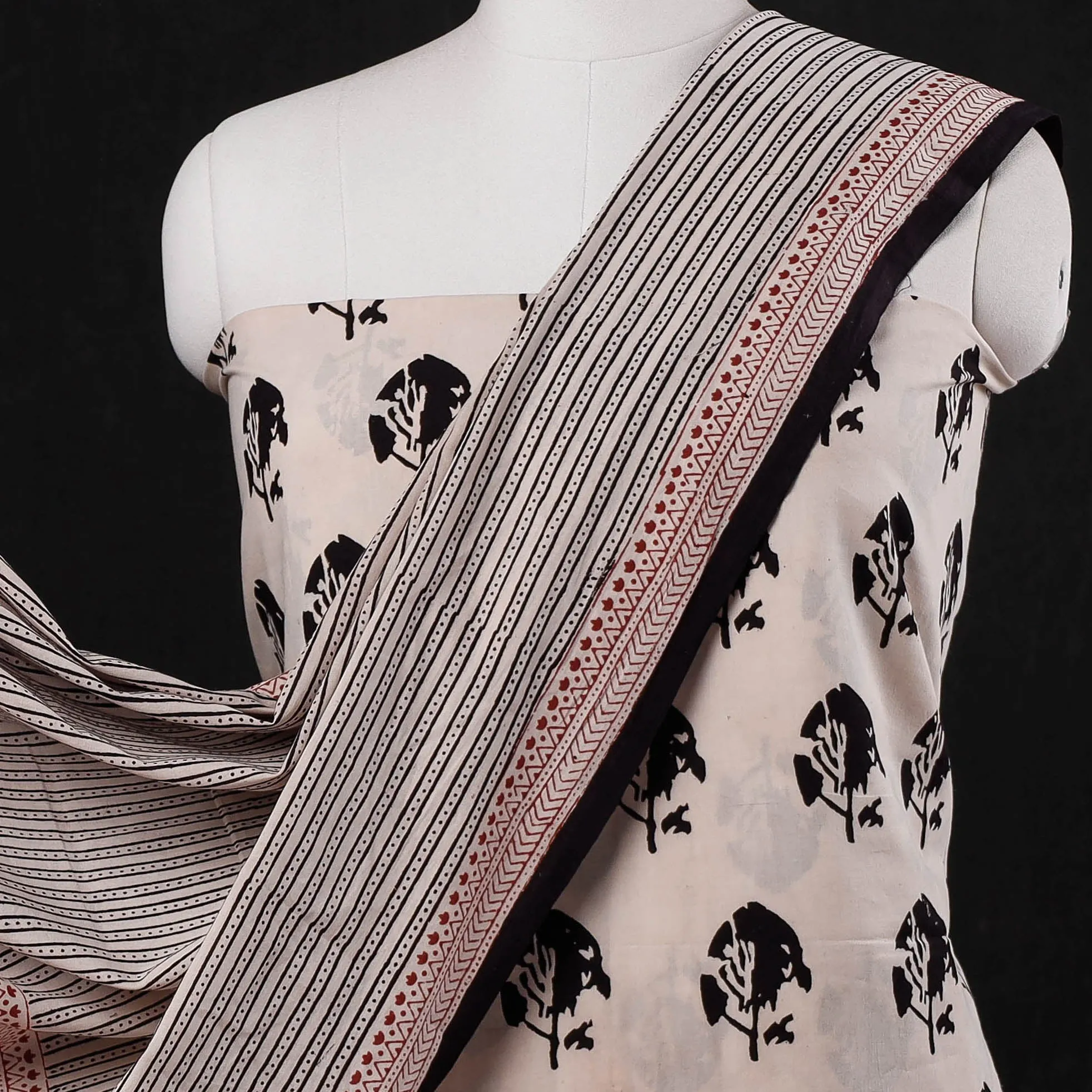 Beige - 3pc Bagh Block Printed Natural Dyed Cotton Suit Material Set 09