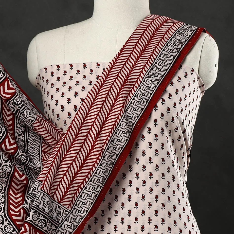 Beige - 3pc Bagh Print Cotton Dress Material Set 19
