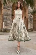 Beige Sleeveless Collared Dress With Belt