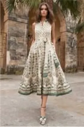 Beige Sleeveless Collared Dress With Belt