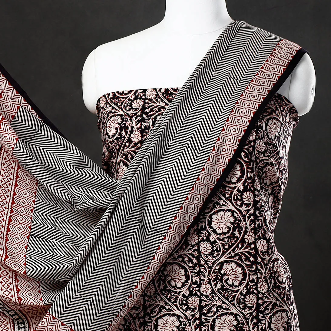 Black - 3pc Bagh Block Printed  Natural Dyed Cotton Suit Material Set 19