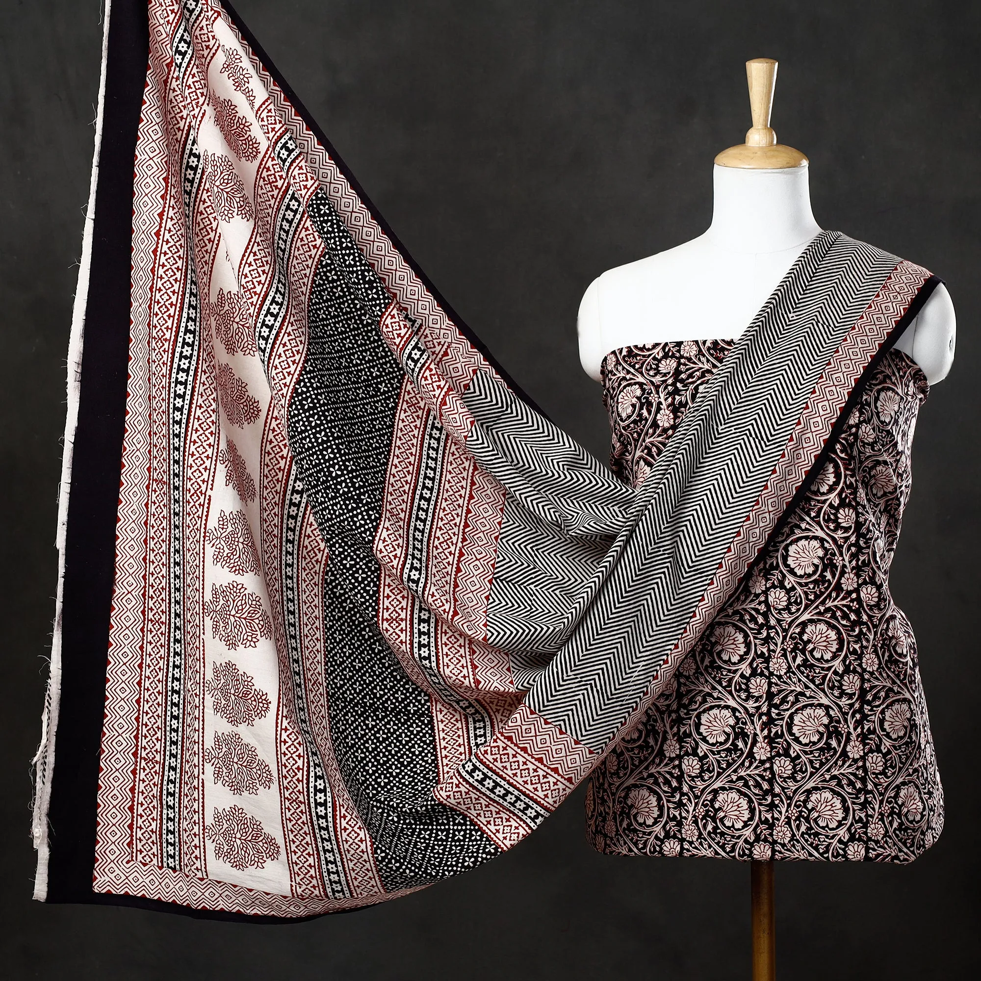 Black - 3pc Bagh Block Printed  Natural Dyed Cotton Suit Material Set 19