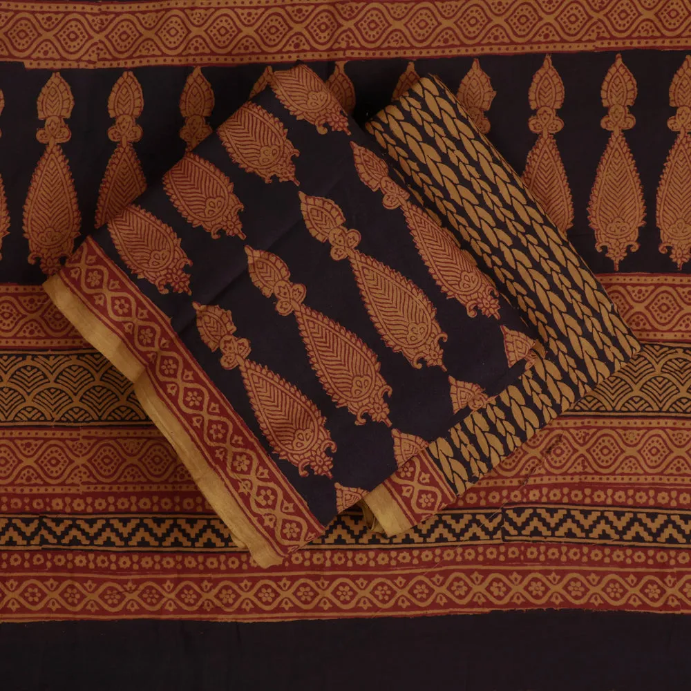 Black - 3pc Bagh Block Printed Natural Dyed Cotton Suit Material Set