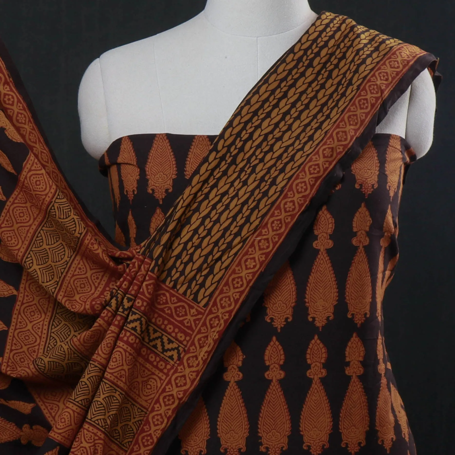 Black - 3pc Bagh Block Printed Natural Dyed Cotton Suit Material Set