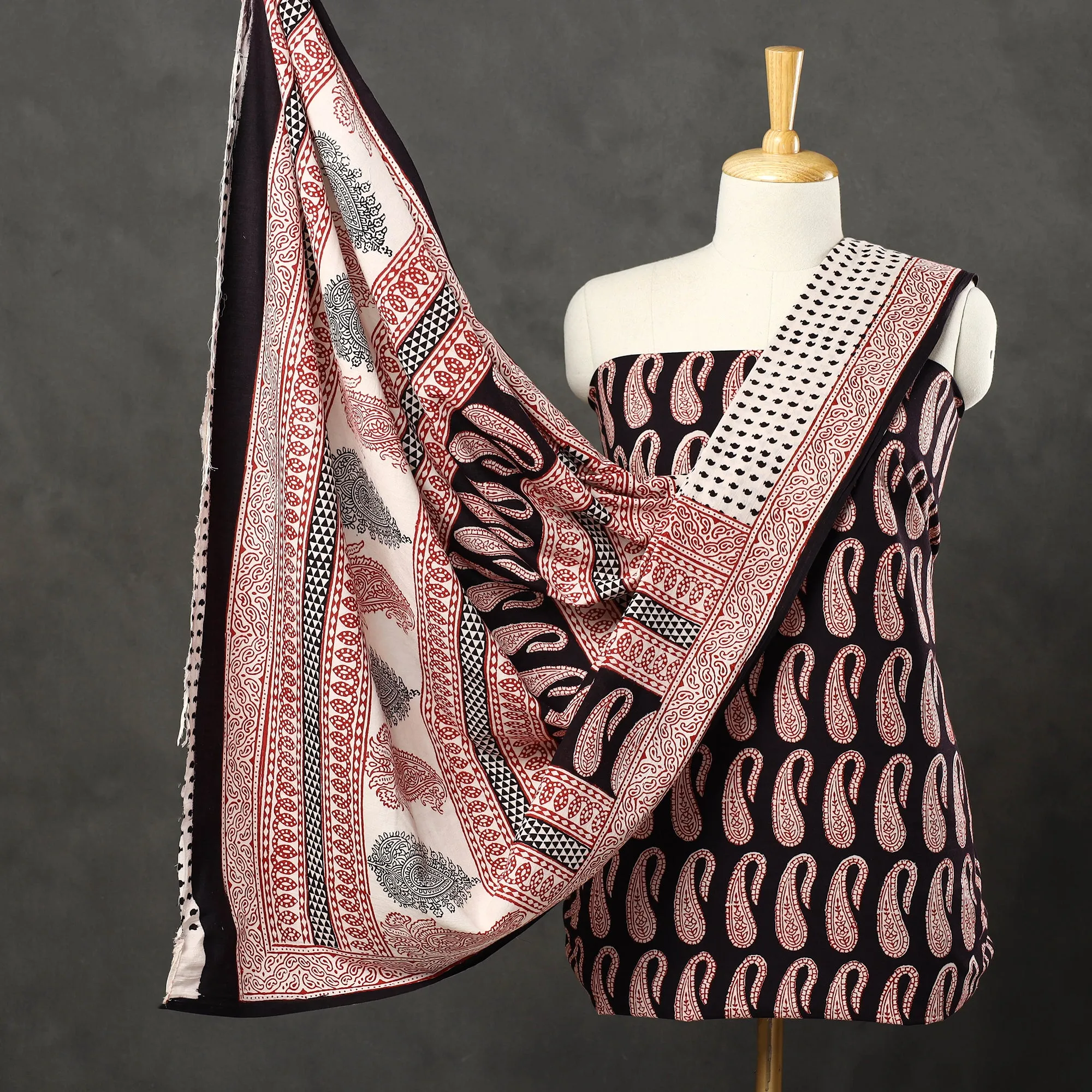 Black - 3pc Bagh Print Cotton Dress Material Set 52