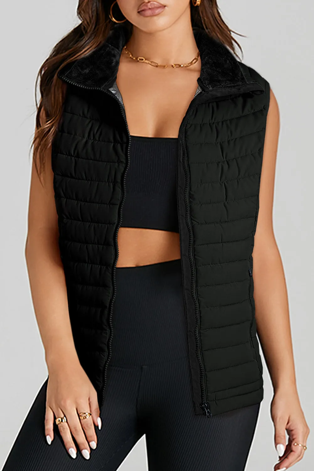 Black Plush Collared Quilted Puffer Gilet