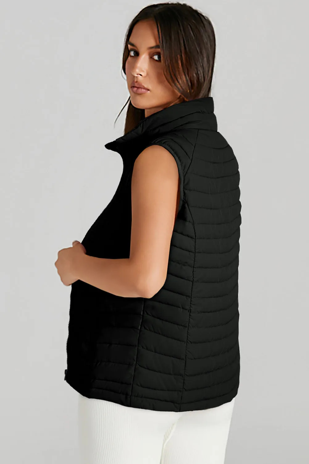 Black Plush Collared Quilted Puffer Gilet