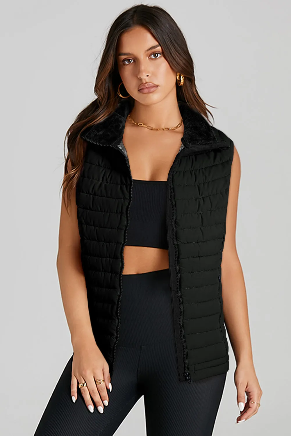 Black Plush Collared Quilted Puffer Gilet