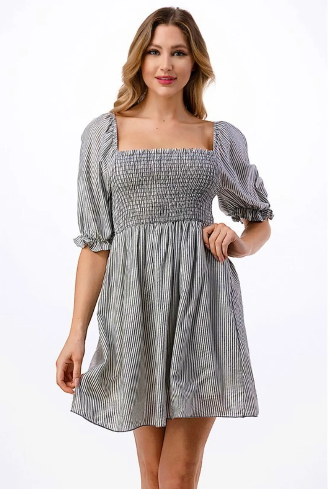 Black Smocked Stripe Dress