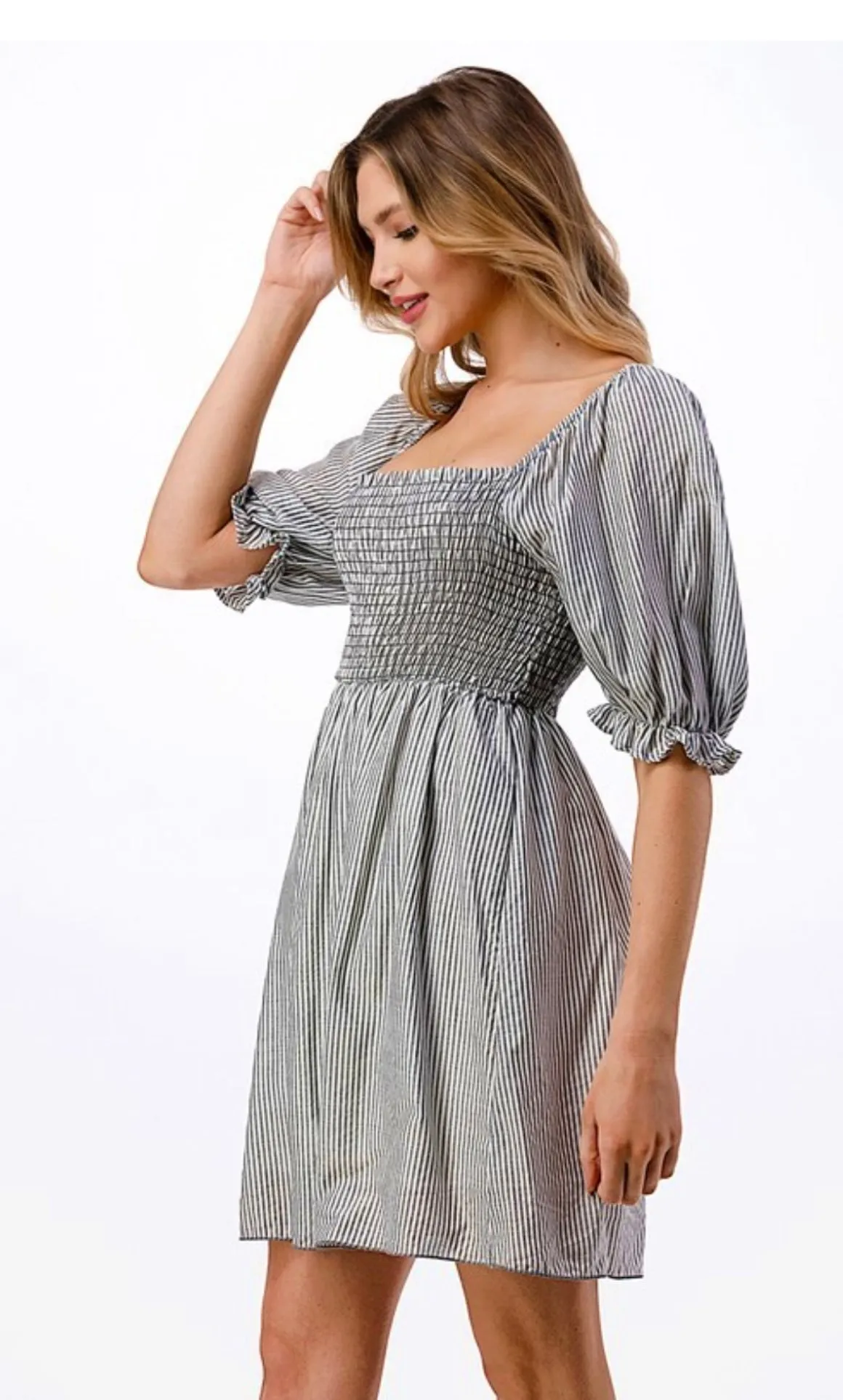 Black Smocked Stripe Dress