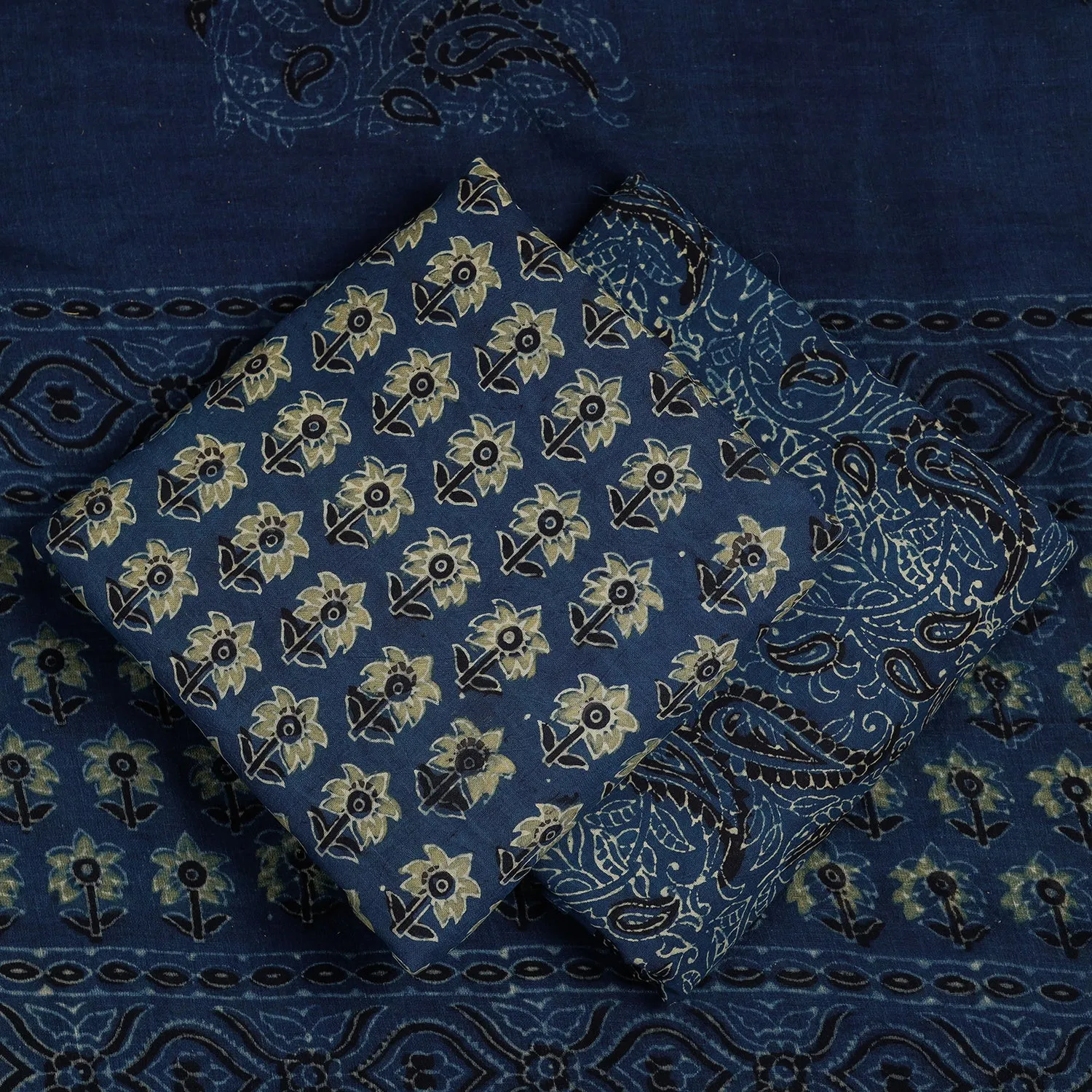 Blue - 3pc Ajrakh Block Printed Cotton Suit Material Set
