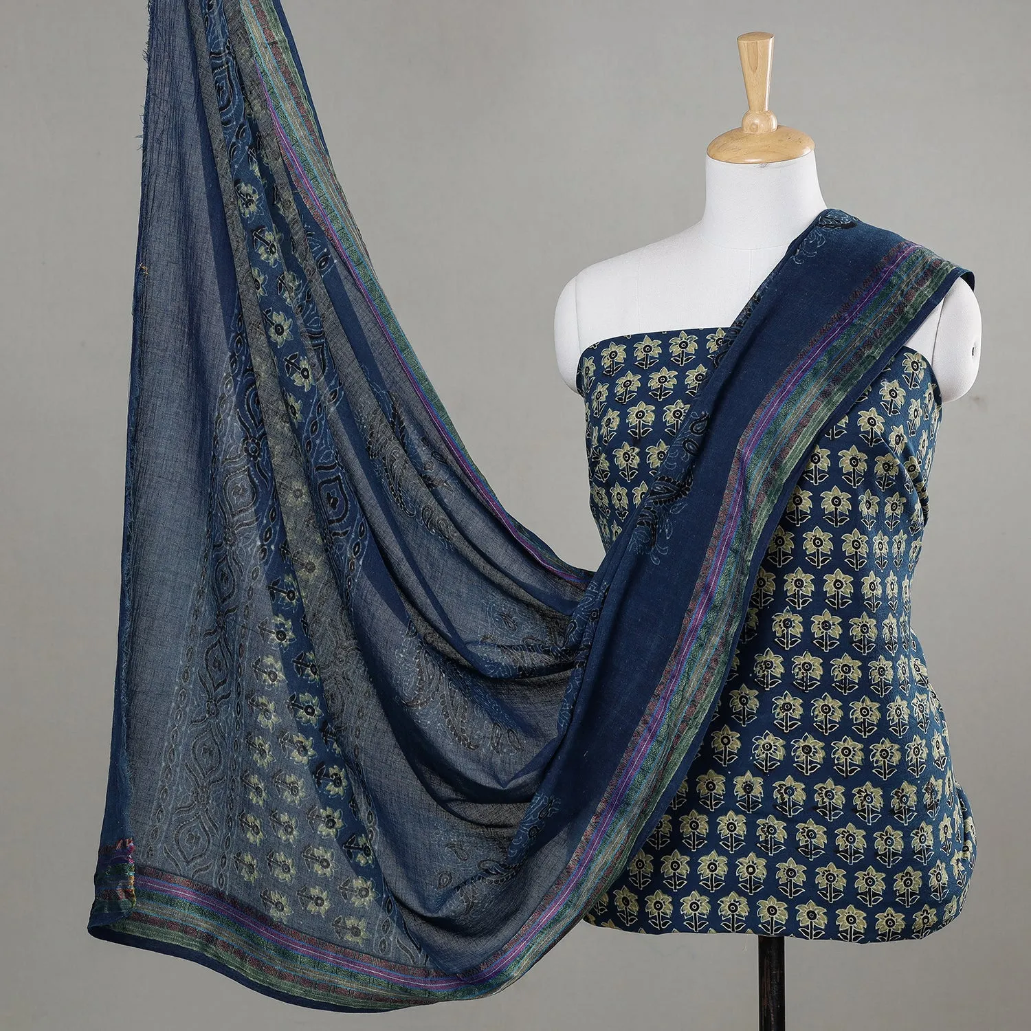 Blue - 3pc Ajrakh Block Printed Cotton Suit Material Set