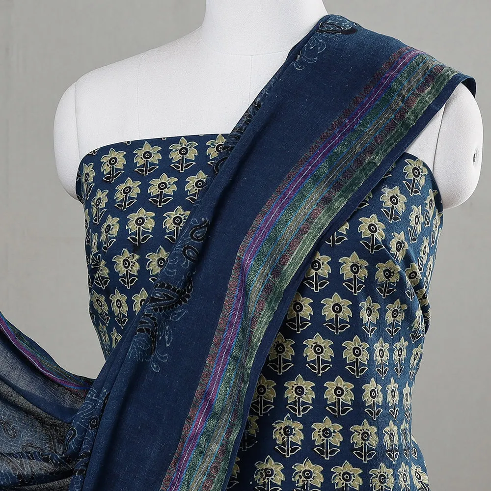 Blue - 3pc Ajrakh Block Printed Cotton Suit Material Set