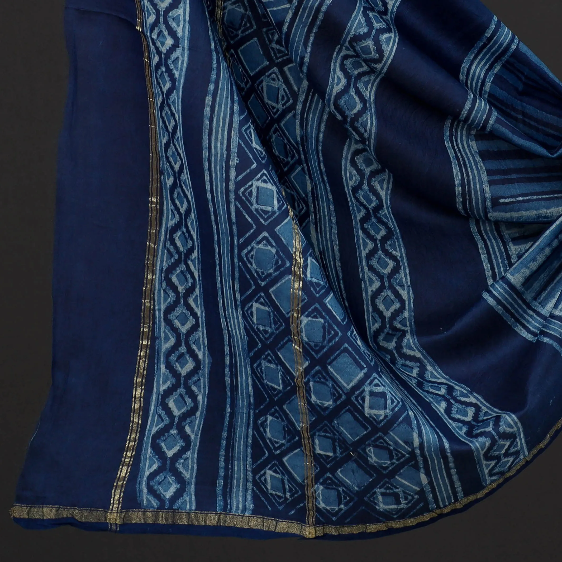 Blue - 3pc Akola Block Printed Chanderi Silk Suit Material Set