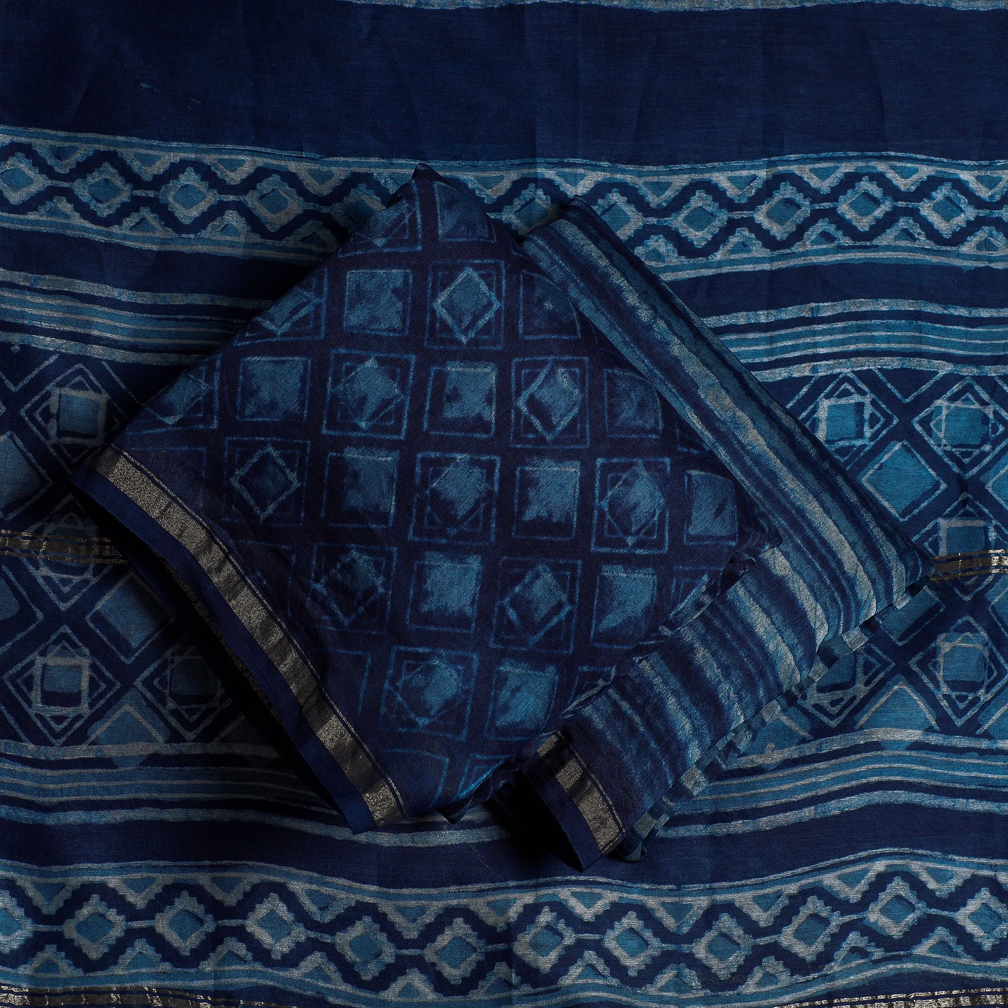Blue - 3pc Akola Block Printed Chanderi Silk Suit Material Set