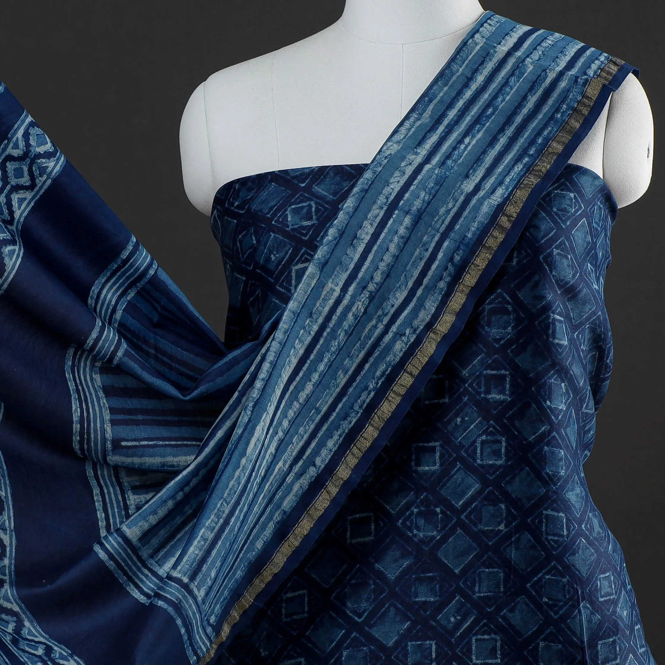 Blue - 3pc Akola Block Printed Chanderi Silk Suit Material Set