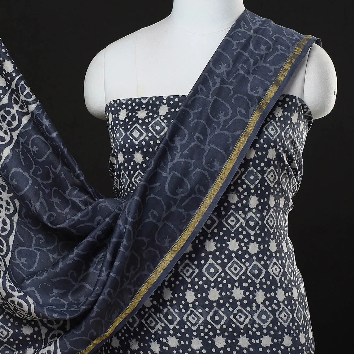 Blue - 3pc Bagru Dabu Block Prints Chanderi Silk Suit Material Set