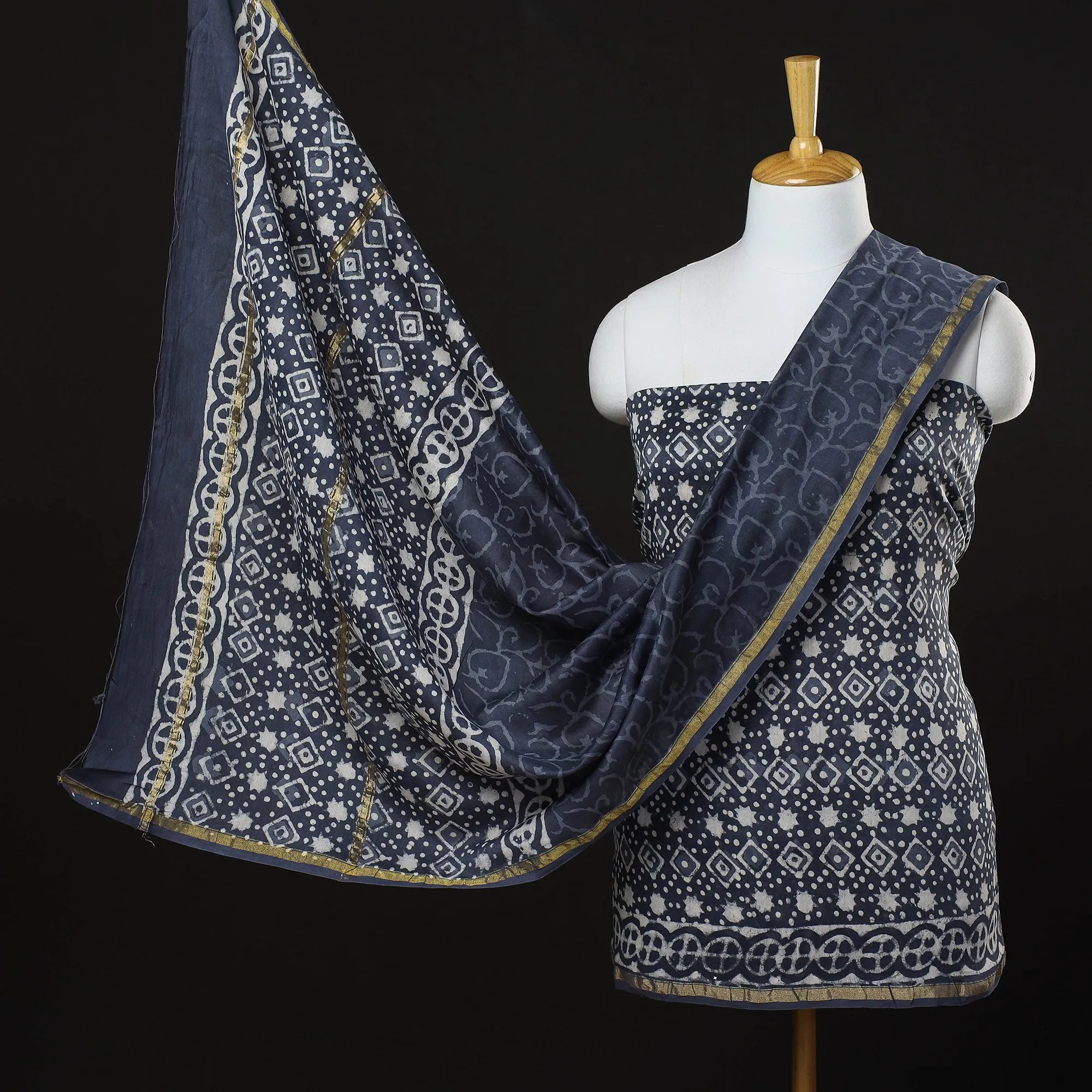 Blue - 3pc Bagru Dabu Block Prints Chanderi Silk Suit Material Set