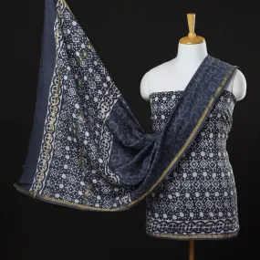 Blue - 3pc Bagru Dabu Block Prints Chanderi Silk Suit Material Set