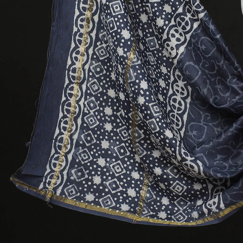 Blue - 3pc Bagru Dabu Block Prints Chanderi Silk Suit Material Set