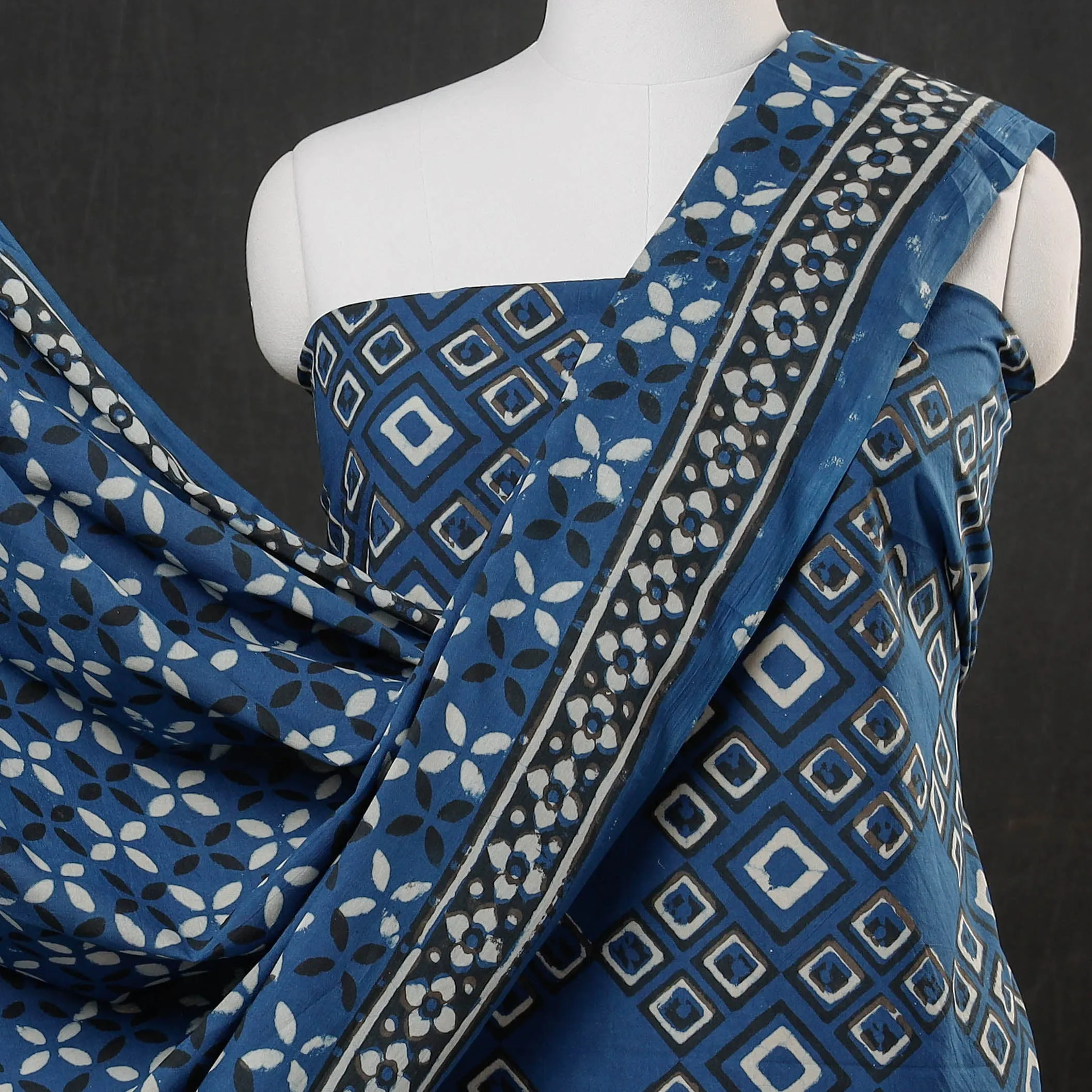 Blue - 3pc Cotton Block Printed Pipad Dress Material Set
