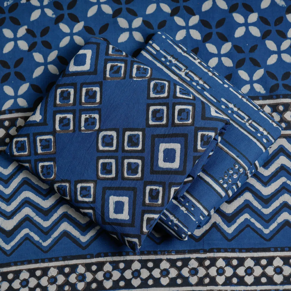 Blue - 3pc Cotton Block Printed Pipad Dress Material Set