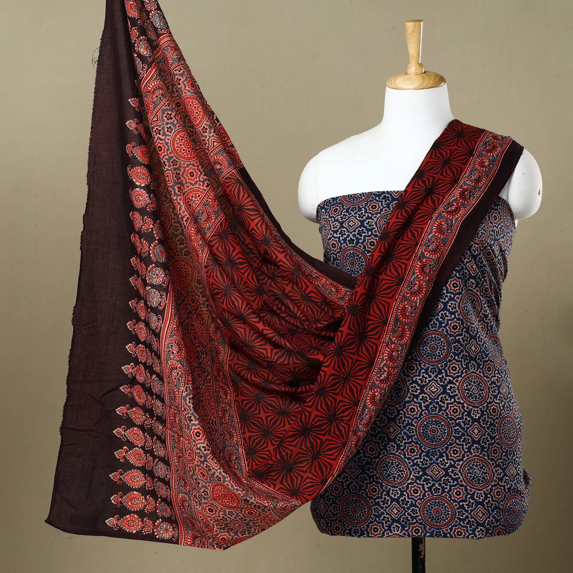 Blue - Ajrakh Block Printed Cotton 3pc Suit Material Set