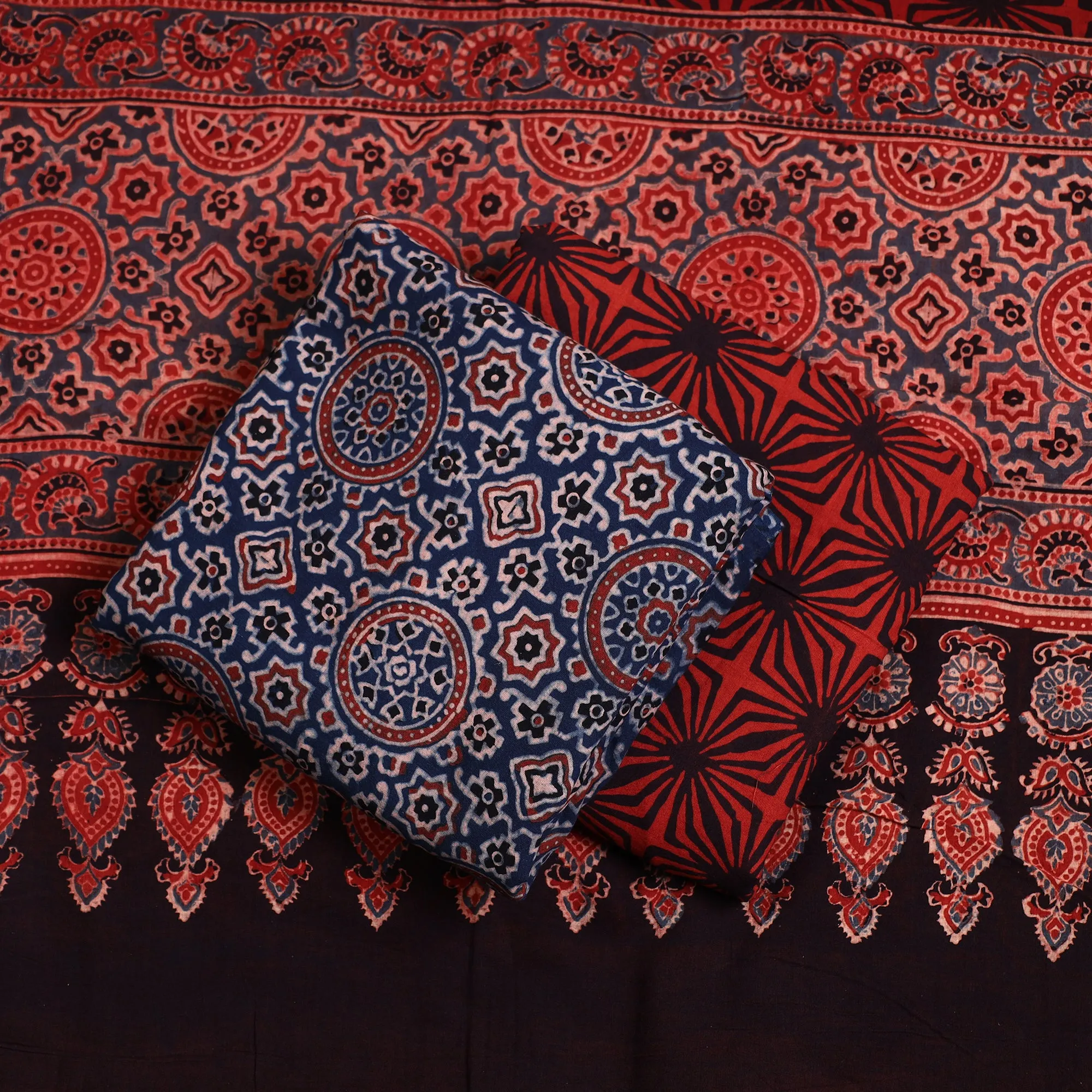 Blue - Ajrakh Block Printed Cotton 3pc Suit Material Set