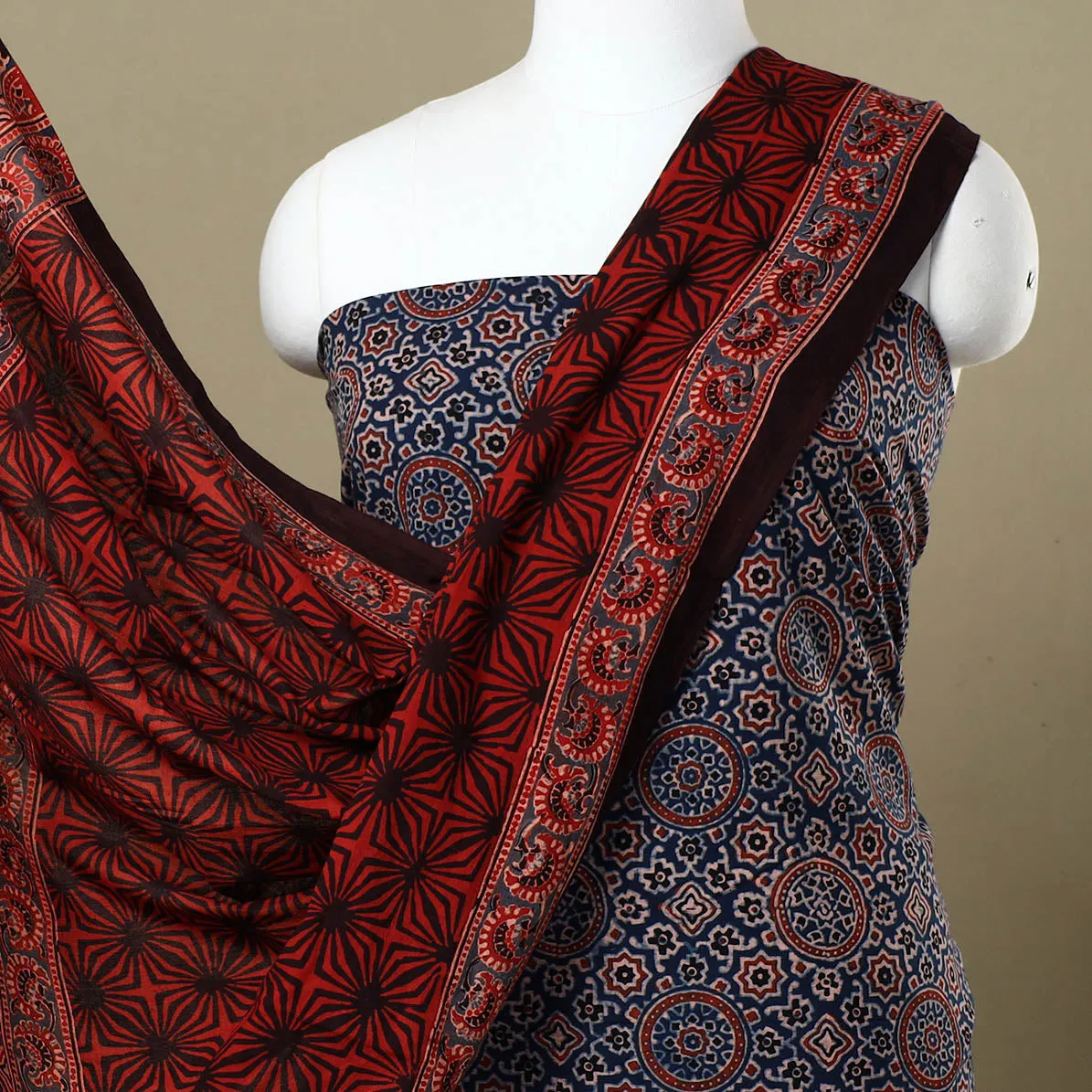 Blue - Ajrakh Block Printed Cotton 3pc Suit Material Set