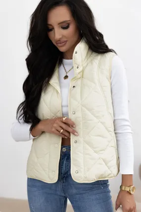 Blue Zone Planet |  Beige Quilted High Neck Button Up Pocket Vest Coat