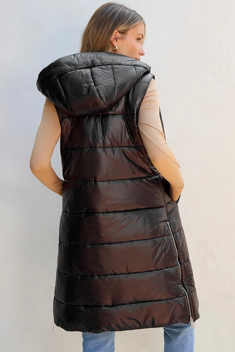 Blue Zone Planet |  Black Hooded Long Quilted Vest Coat