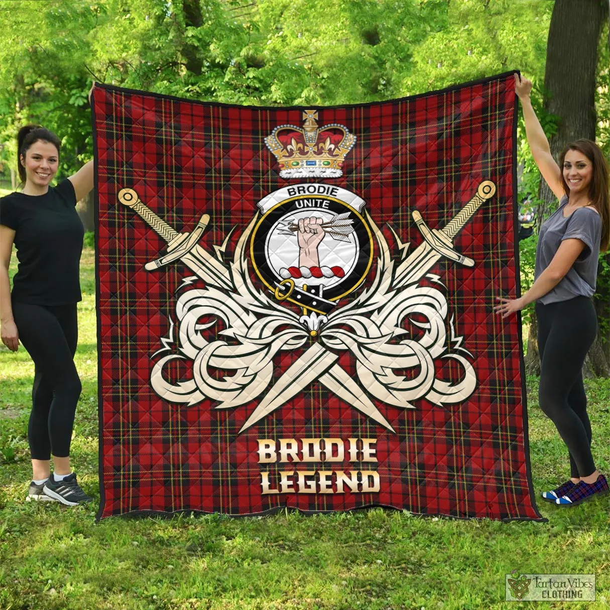 Brodie Tartan Quilt with Clan Crest and the Golden Sword of Courageous Legacy
