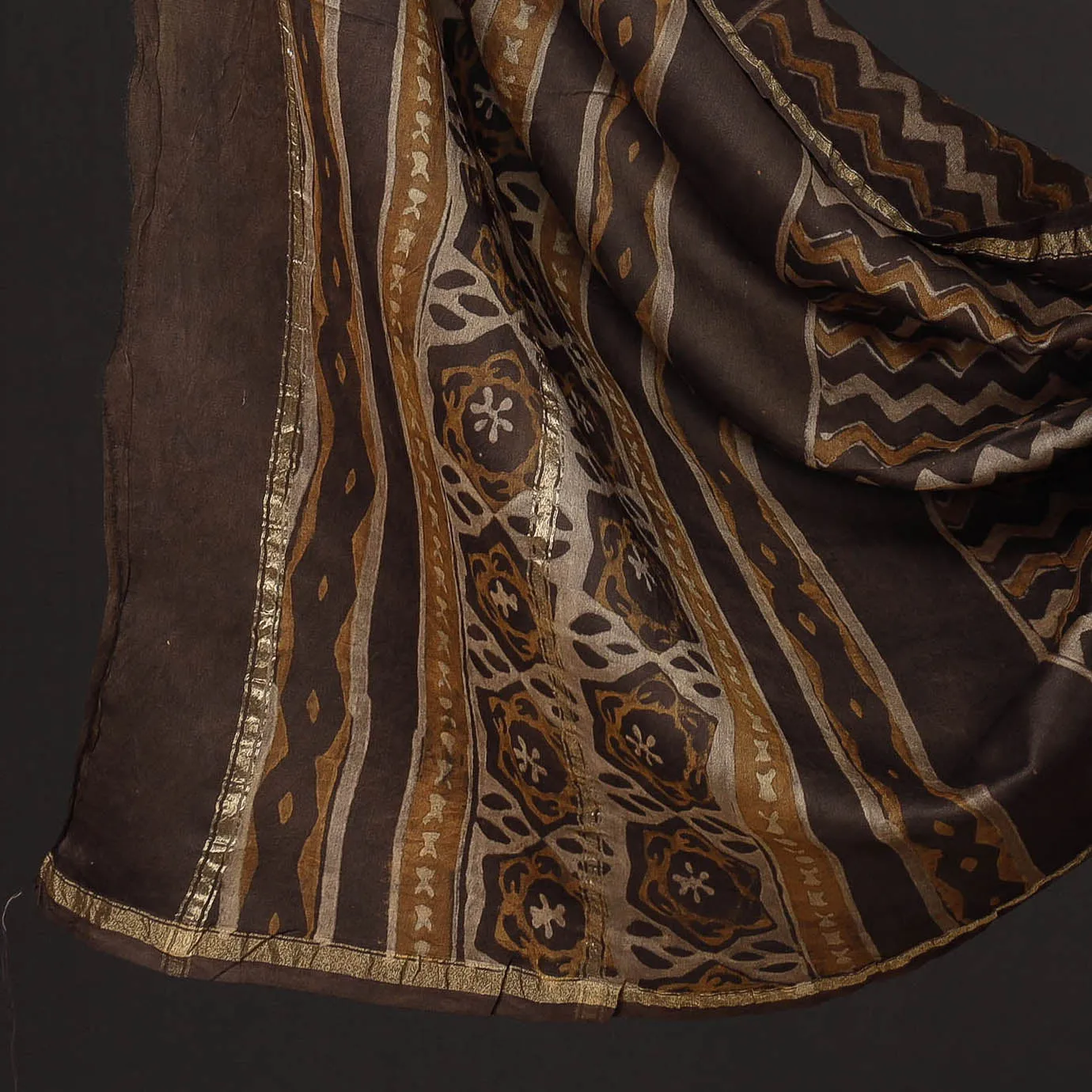 Brown - 3pc Akola Block Printed Chanderi Silk Suit Material Set