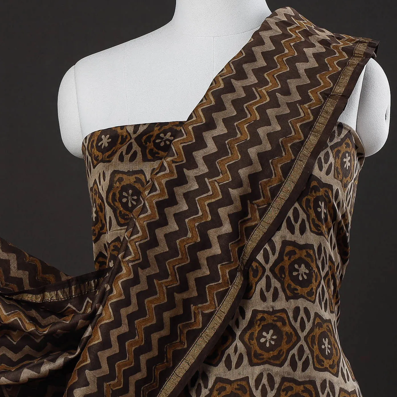 Brown - 3pc Akola Block Printed Chanderi Silk Suit Material Set