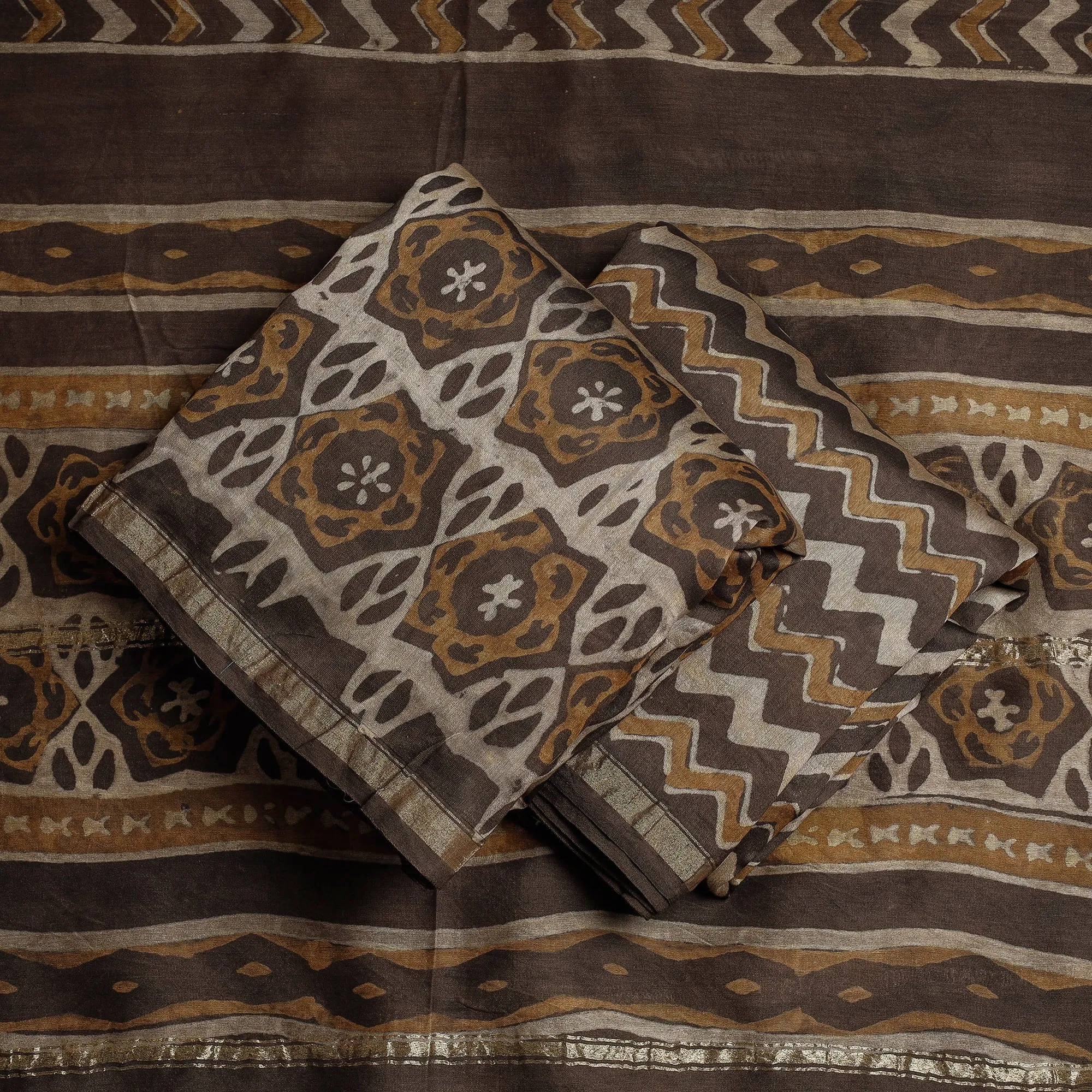 Brown - 3pc Akola Block Printed Chanderi Silk Suit Material Set